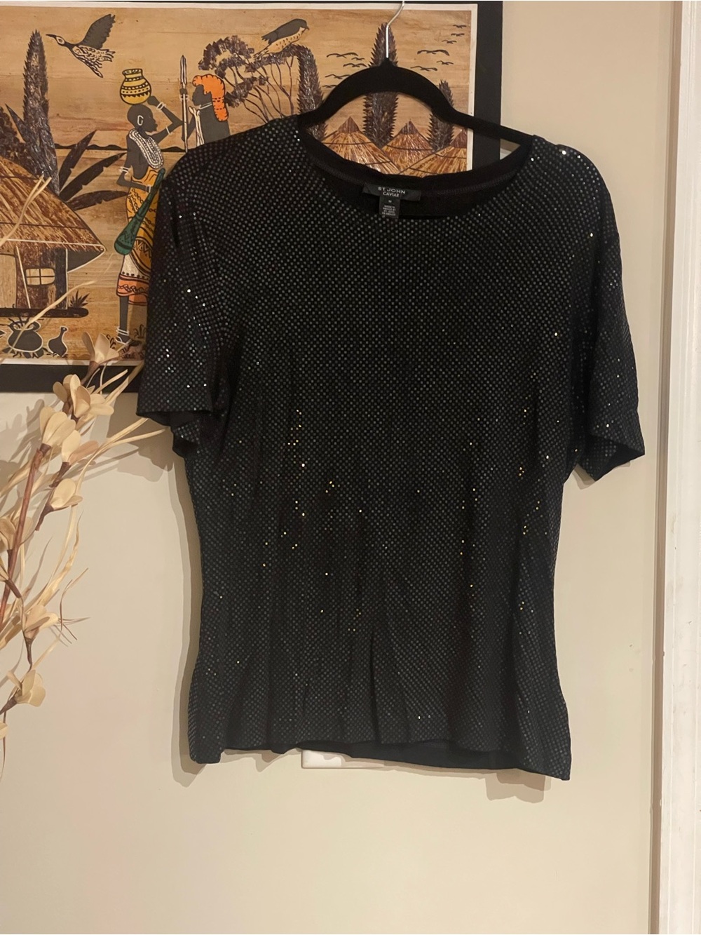 St. John Caviar Black Sequin Short-Sleeve Crew Neck Top